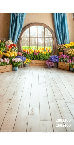 Tło fotograficzne z okrągłym oknem i kolorową kompozycją wiosennych kwiatów | E545